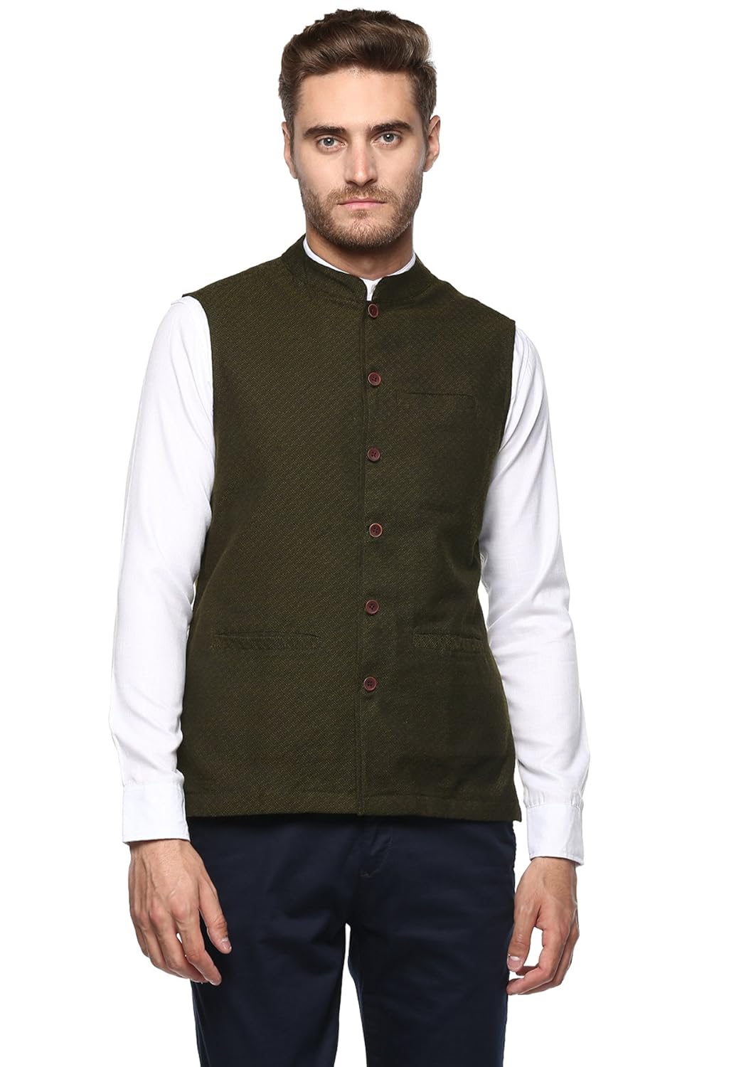 baali men's cotton self weaving printed mehendi green colour sleeveless nehru jackets-baali-j-007(size-s to xxl)