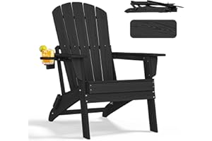 nevilywood Folding Adirondack Chair, Ergonomic Extended Backrest, HDPE All-Weather, 380lbs Capacity, Maintenance-Free, Cup Holder, （Black）- Outdoor Patio & Firepit Chair