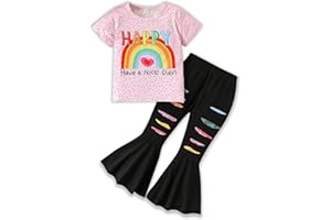 Azmxynol Toddler Kid Girls Clothes - Letter Rainbow Print Top Distressed Flared Pants 2PC Spring Summer Pant Set