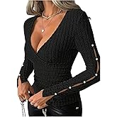 SOLY HUX Women's V Neck Wrap T Shirt Button Split Long Sleeve Tee Slim Fitted Going Out Tops