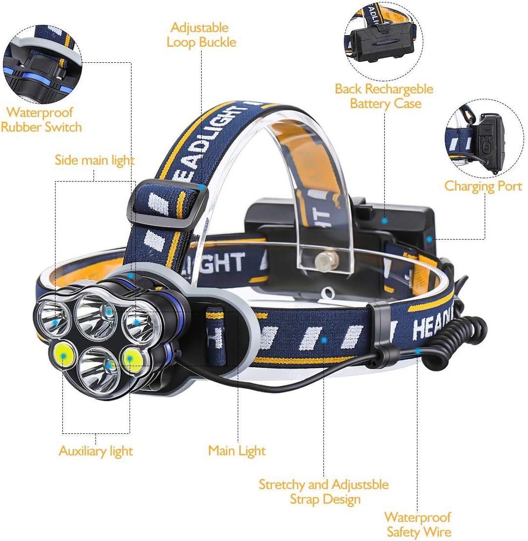 Rechargeable Headlamp, OUTERDO 12000 Lumens 6 LED 8 Modes USB Rechargeable HeadLight with 2 Batteries, Waterproof LED Head Torch Rechargeable Headlamp Flashlight for Camping, Fishing, Cellar, Outdoors - - 