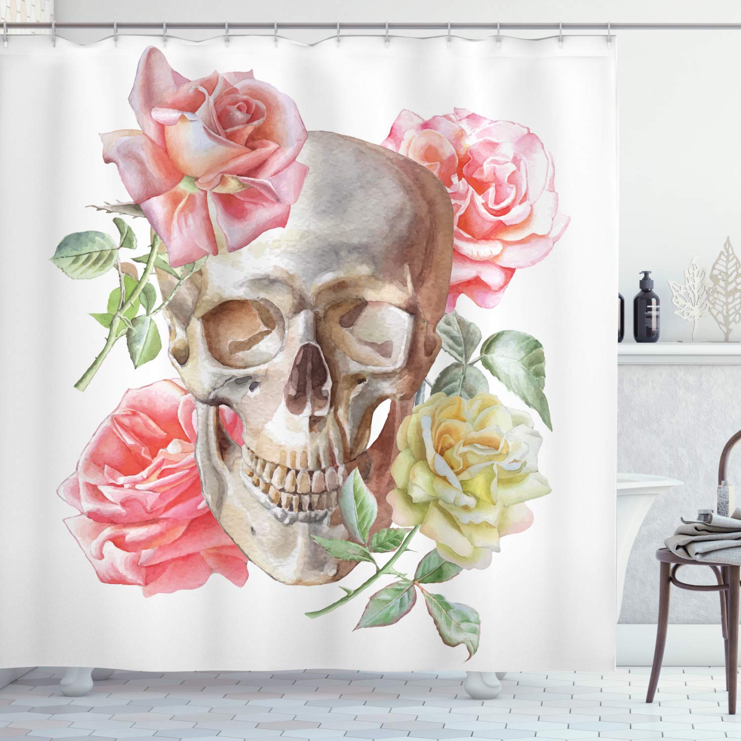 ABAKUHAUS Rose Shower Curtain, Tender Blossoms with Hand Drawn Style Watercolor Skull Mexican Gothic, Cloth Fabric Bathroom Decor Set with Hooks, 94 Inches, Multicolor