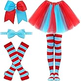 WGOCAUK 5 PCS World Book Day Thing Costume - Include Red Blue Large Bows Hair Ties Tutu Skirt Bowtie Striped Gloves and Knee Socks for 101 Days of School Dress Up