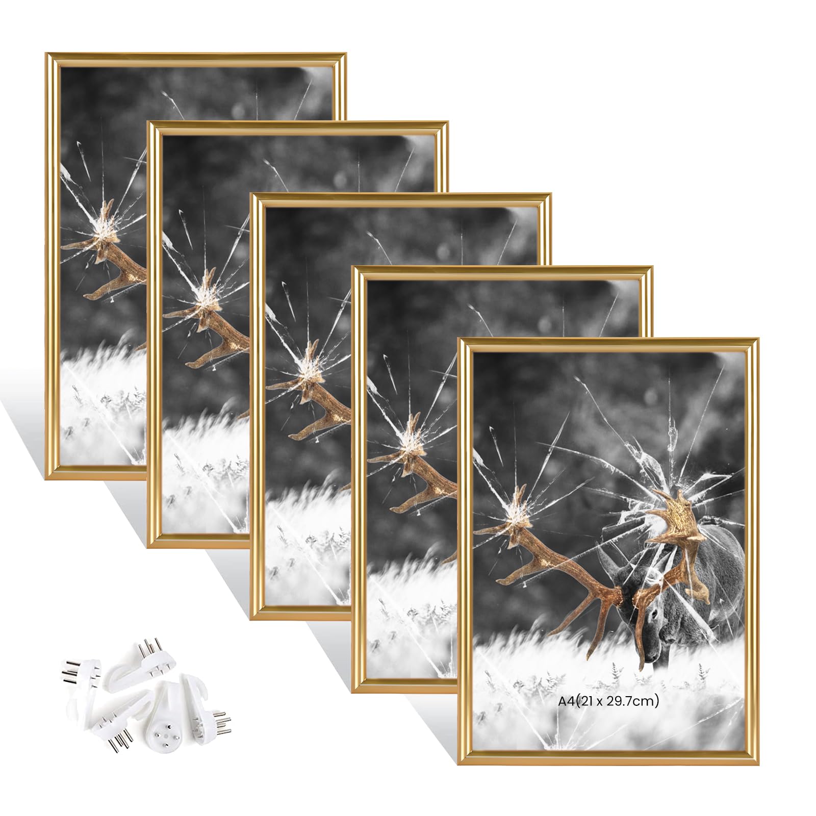 Dmyifan Set of 5 Gold A4 21x29.7 cm Modern Animal Themed Picture Frames with Plexi Glass and MDF Back, Lightweight and Durable, Horizontal and Vertical Orientation, Wall Mountable — image 1