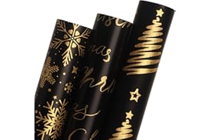 Ribbli Black Gold Merry Christmas Wrapping Paper Rolls Snowflake Merry Christmas Tree Pattern with Glitter Gold Mini Roll-17 Inch x 10 Feet Per roll