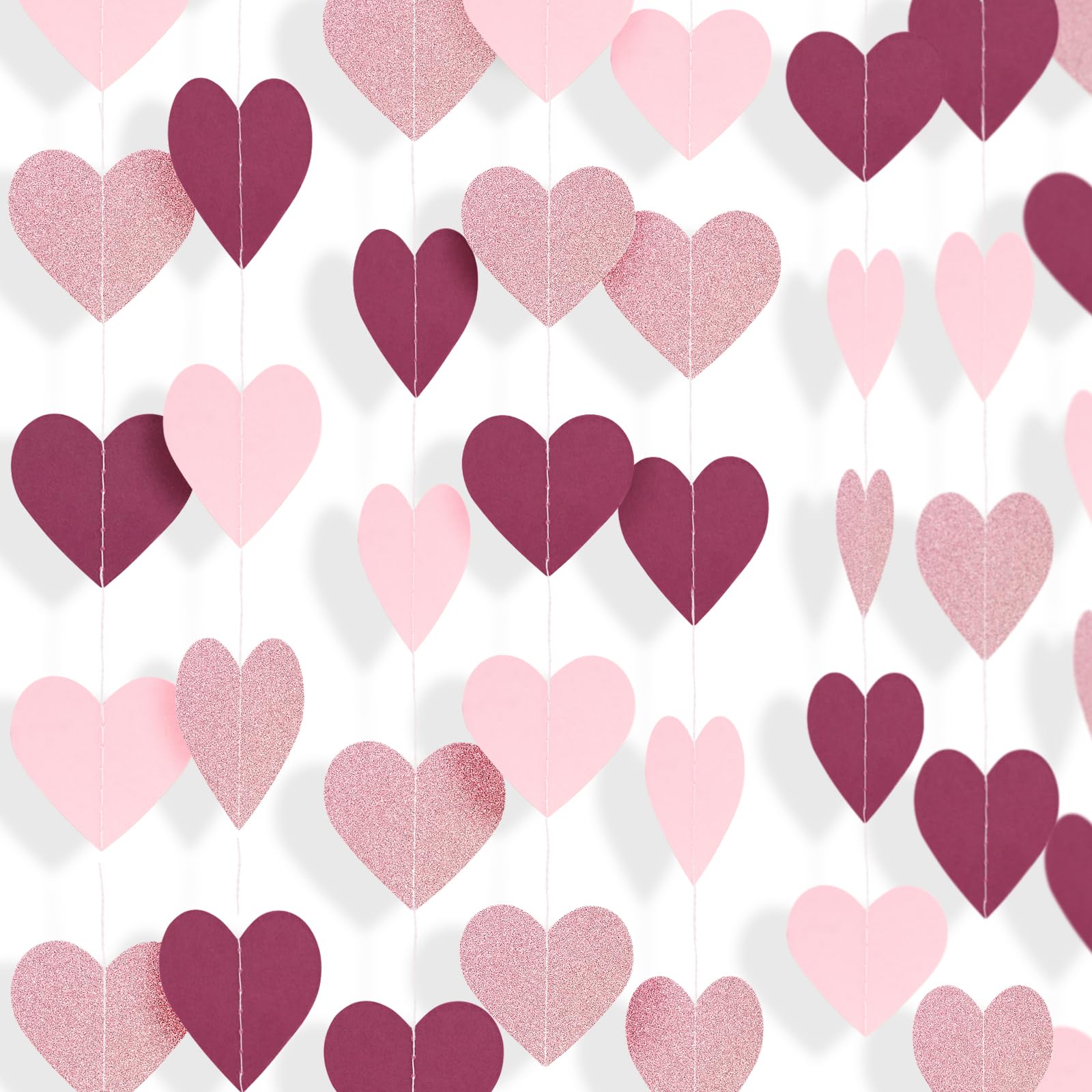 G2PLUS Pink Heart Garland: 16m Heart Bunting Banner, Glitter Streamer Garland, Hanging Party Decorations for Valentine’s Day, Wedding, Birthday Party, Baby Shower