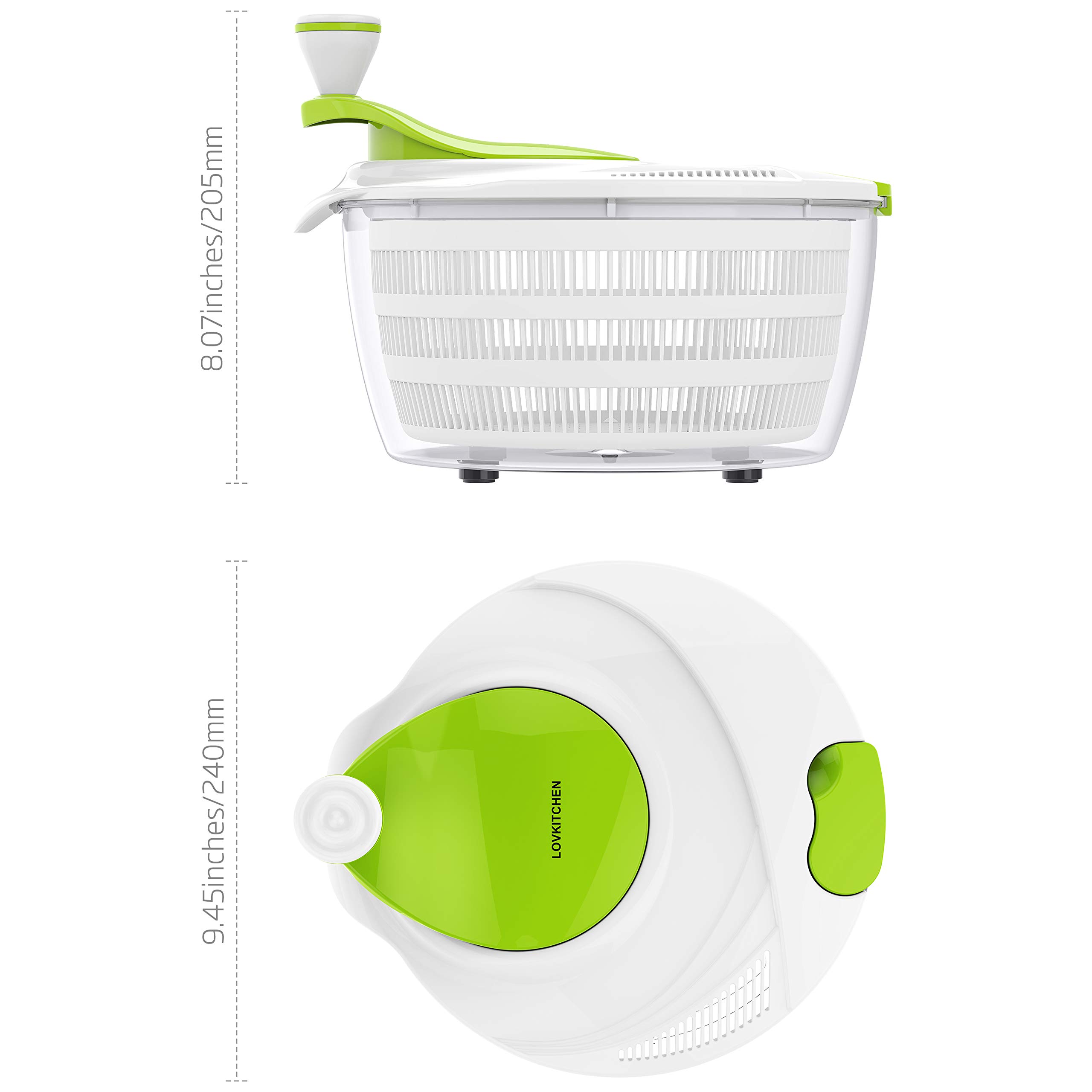 LOVKITCHEN Plastic Kitchen Large Salad Spinner - 4 Quarts Fruits and Vegetables Dryer Quick Dry Design BPA Free Dry Off & Drain Lettuce and Vegetable - Green-White