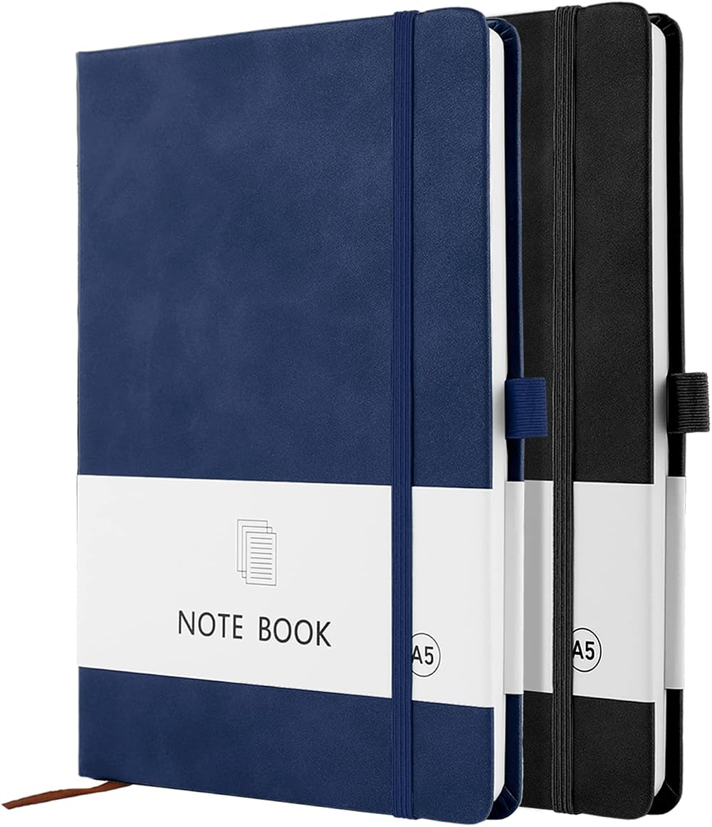Lefute A5 Notebook 2 Pack 200 Pages 100 GSM Hardback with Pen Loop Elastic