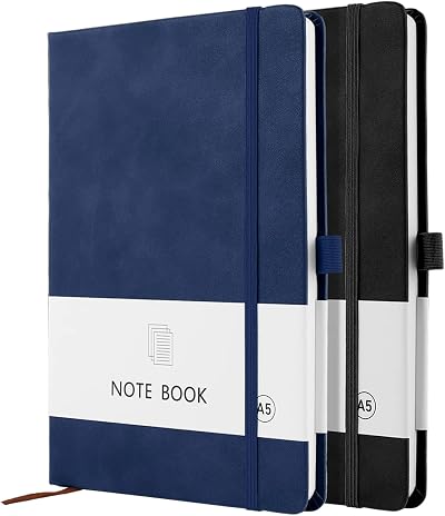 Lefute A5 Notebook 2 Pack 200 Pages 100 GSM Hardback with Pen Loop Elastic