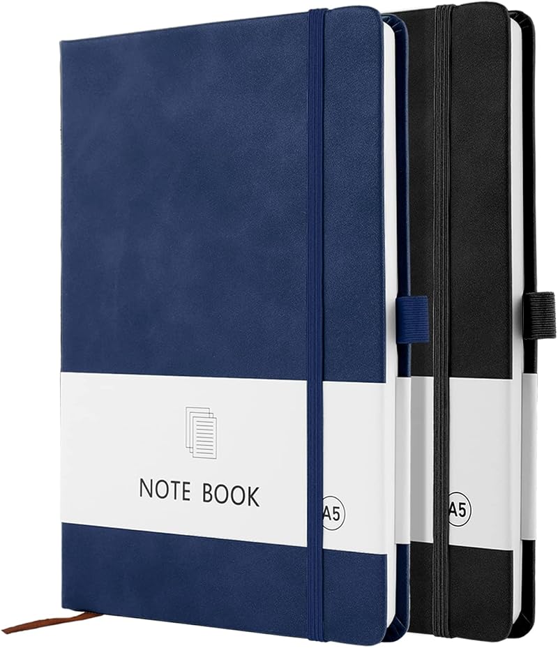 Lefute A5 Notebook 2 Pack 200 Pages 100 GSM Hardback with Pen Loop Elastic