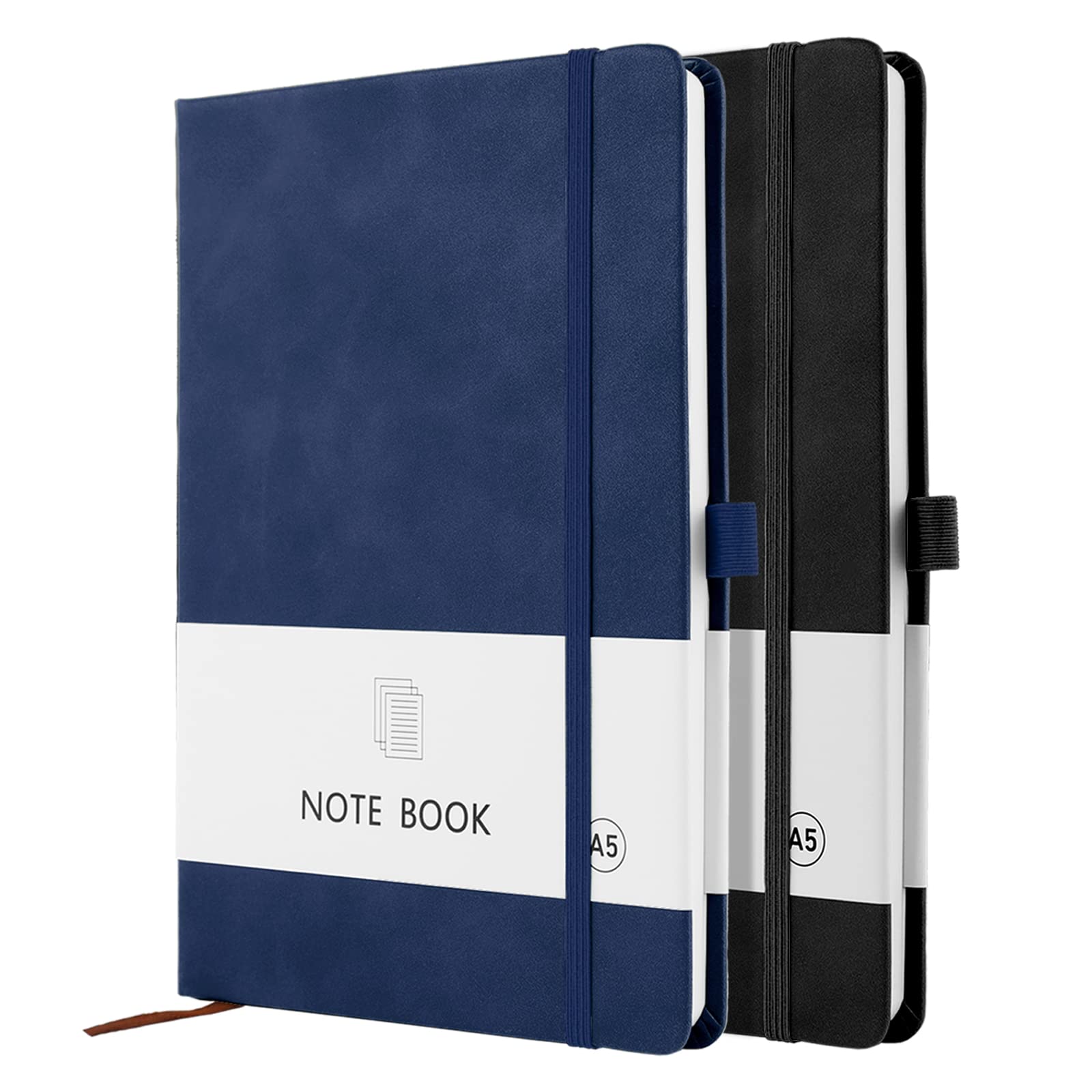 A5 Notebook, 2 Pack Notebook A5 200 Pages 100 GSM Journal Notebook Hardback Notepad with Bookmark, Pen Loop, and Elastic Closure (Black+Blue) — image 1