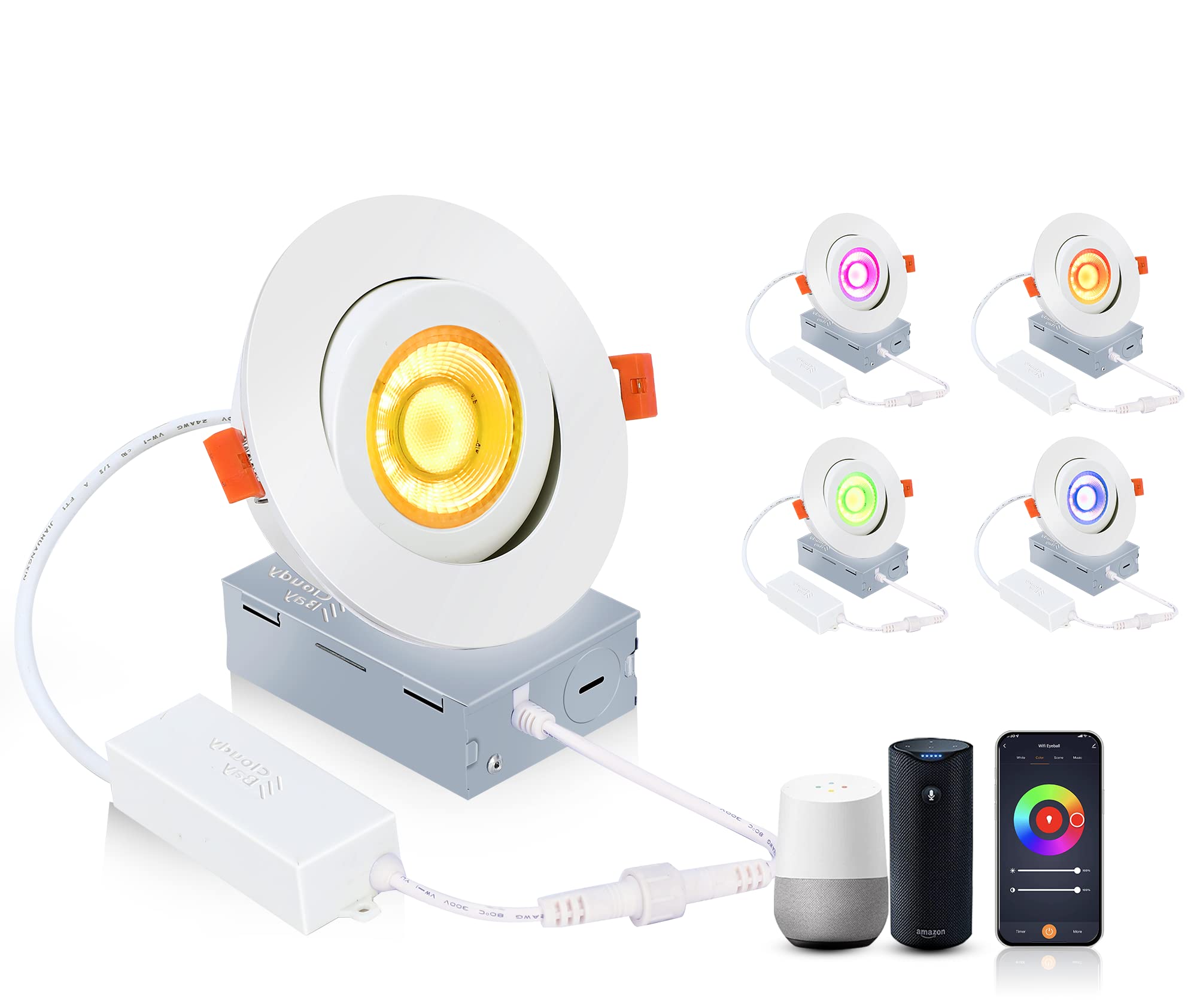 Photo 1 of CLOUDY BAY 4 inch Eyeball Smart LED Recessed Light,Color Changing Recessed Lighting,Compatible with Alexa and Google Home Assistant,4 Pack