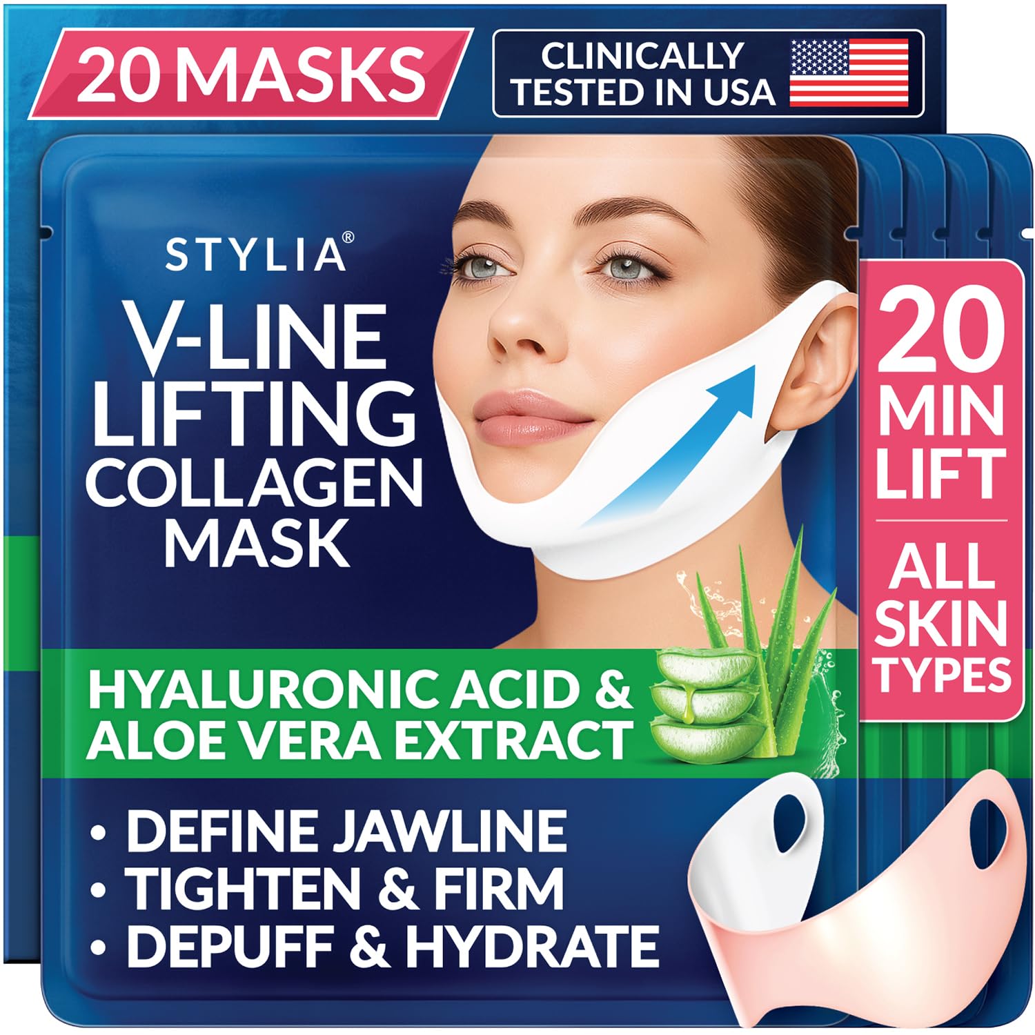 Photo 1 of **FACTORY SEALED** STYLIA V Line Lifting Collagen Face Mask - Lift, Firm & Contour Jawline - Double Chin Strap with Hyaluronic Acid & Aloe Vera - Hydrating Neck & Face Tightening Mask - Chin Strap for Sleeping - 20PC
