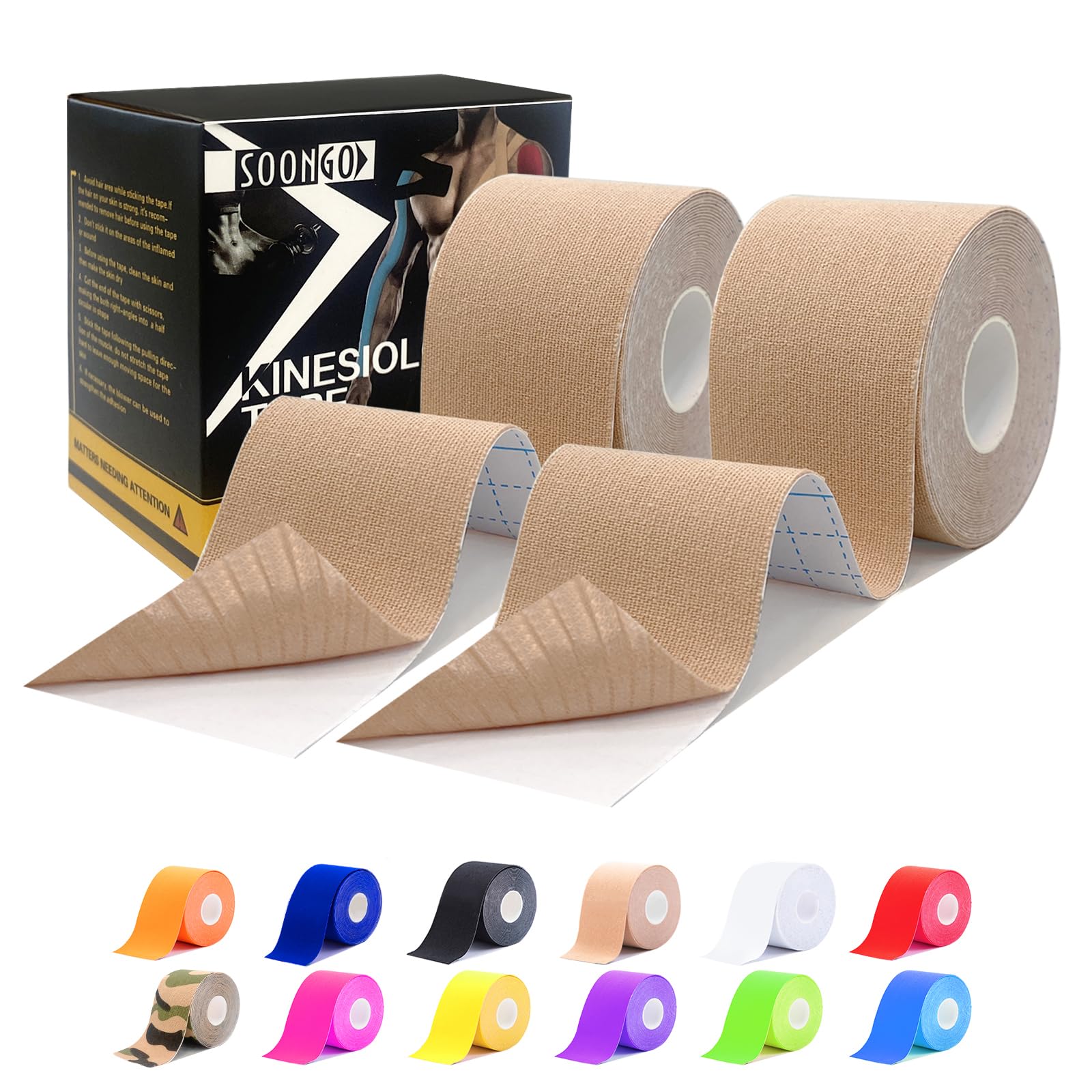 Kinesiology Tape Rock Tape Physio Tape 5m roll, Elastic Therapeutic Sports Tape for Shoulder, Ankle, Elbow, Wrist, Knee Support, Waterproof Physiotherapy Body Tape for Muscle Pain by SOONGO (Beige)