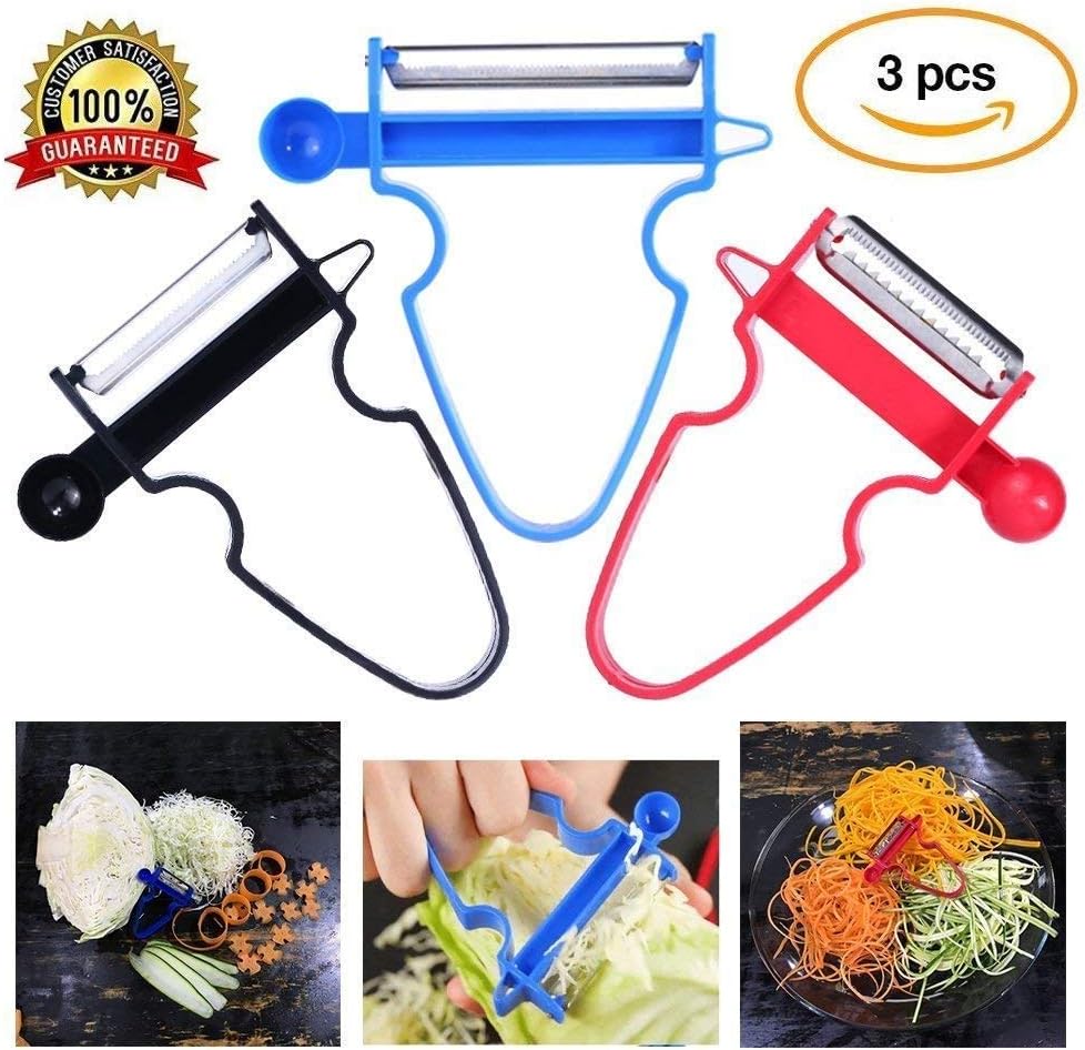 HEWADY Magic Trio Vegetable Stainless Steel Blades with Non-Slip Handles Peeler for Potato Fruit, Small, Black,blue,red