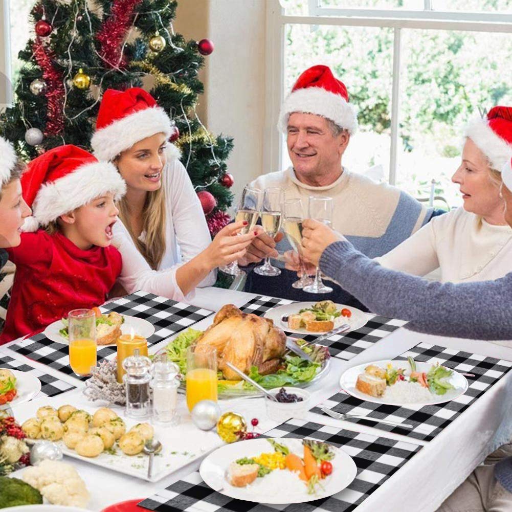 HAKACC 6 PCS Christmas Holiday Placemats Buffalo Plaid Placemats White Black Reversible Placemats for Christmas Holiday Birthday Party Table Home Decoration