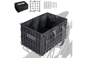 RAYMACE Bike Basket Rear,Bicycle Basket with Removable Liner,Rainproof Cover and Cargo Net,Folding Bike Baskets for Adult,Quick Release Design Fits for Most Rear Mounted Bike Rack
