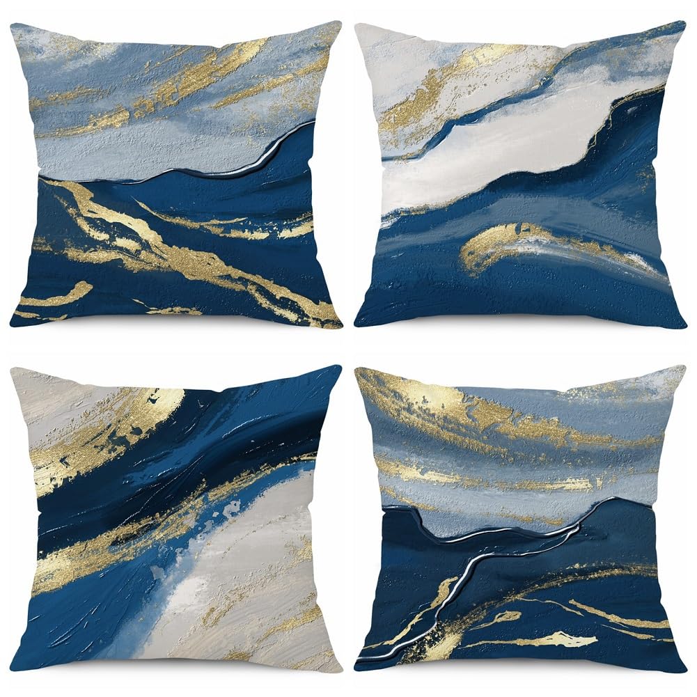 BCKAKQA Throw Pillow Cases 4 Pack 18x18 inches Navy Blue Gold Decorative Cushion Covers 45cm x 45cm Linen Square Throw Pillow Covers for Bedroom Living Room Sofa Couch Bed Pillowcases — image 1