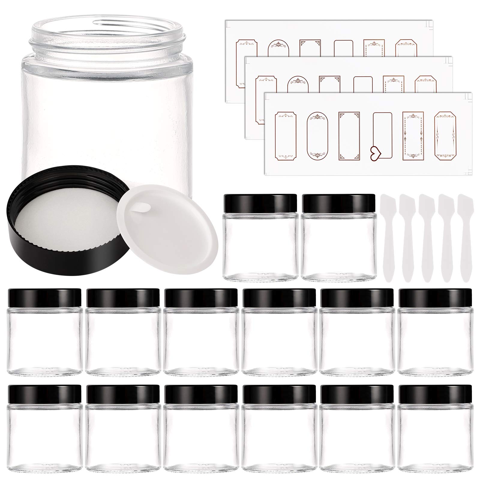 Photo 1 of 15 Pack 4 oz Clear Glass Jars with Lids, Round Empty Containers for Scrubs, Lotions, Cosmetic, Ointments and Butters, Travel Storage Jar with White Inner Liners £¬Black Lids, lables and Spatulas