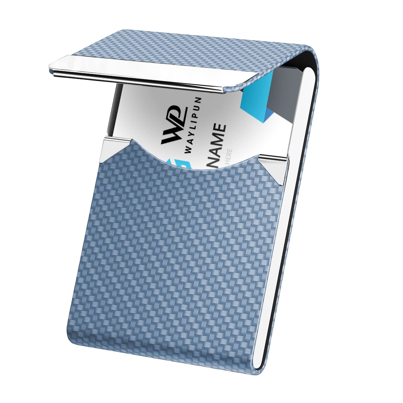 Waylipun Business Card Holders, Professional PU Leather & Stainless Steel Business Card Case, Slim Metal Pocket Card Holder with Magnetic Shut - Keep Business Cards in Immaculate Condition (Blue)