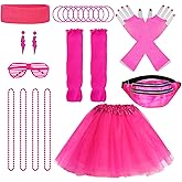 Miayon 80s Costume Accessories 90s Outfits Neon Tutu Skirt Fanny Pack Headband Earring Set for 80s 90s Theme Cosplay Party Neon Glow Party Outfit (Rose Red)