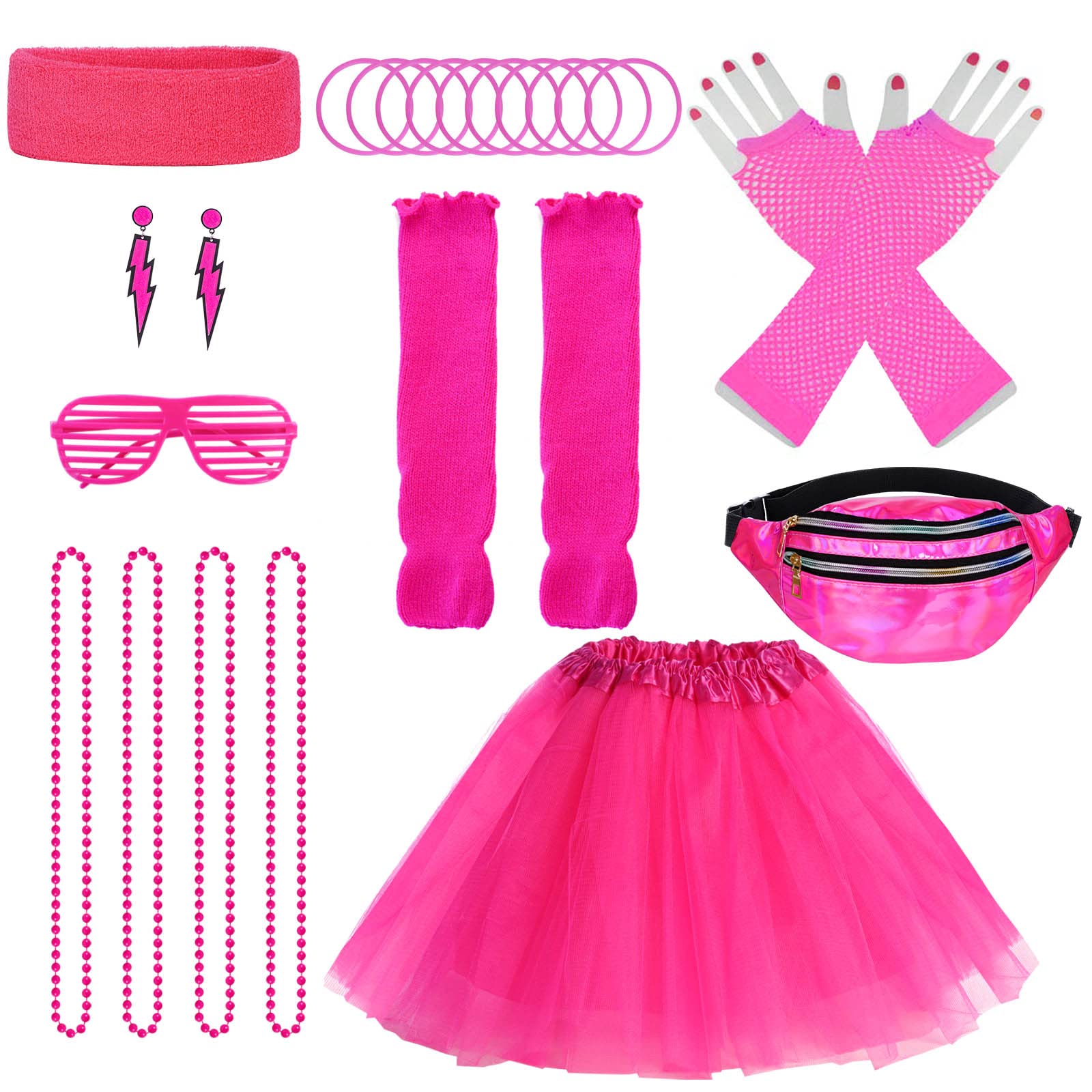 Photo 1 of S  Miayon 80s Costume Accessories 90s Outfits Neon Tutu Skirt Fanny Pack Headband Earring Set for 80s 90s Theme Cosplay Party Neon Glow Party Outfit (Rose Red)