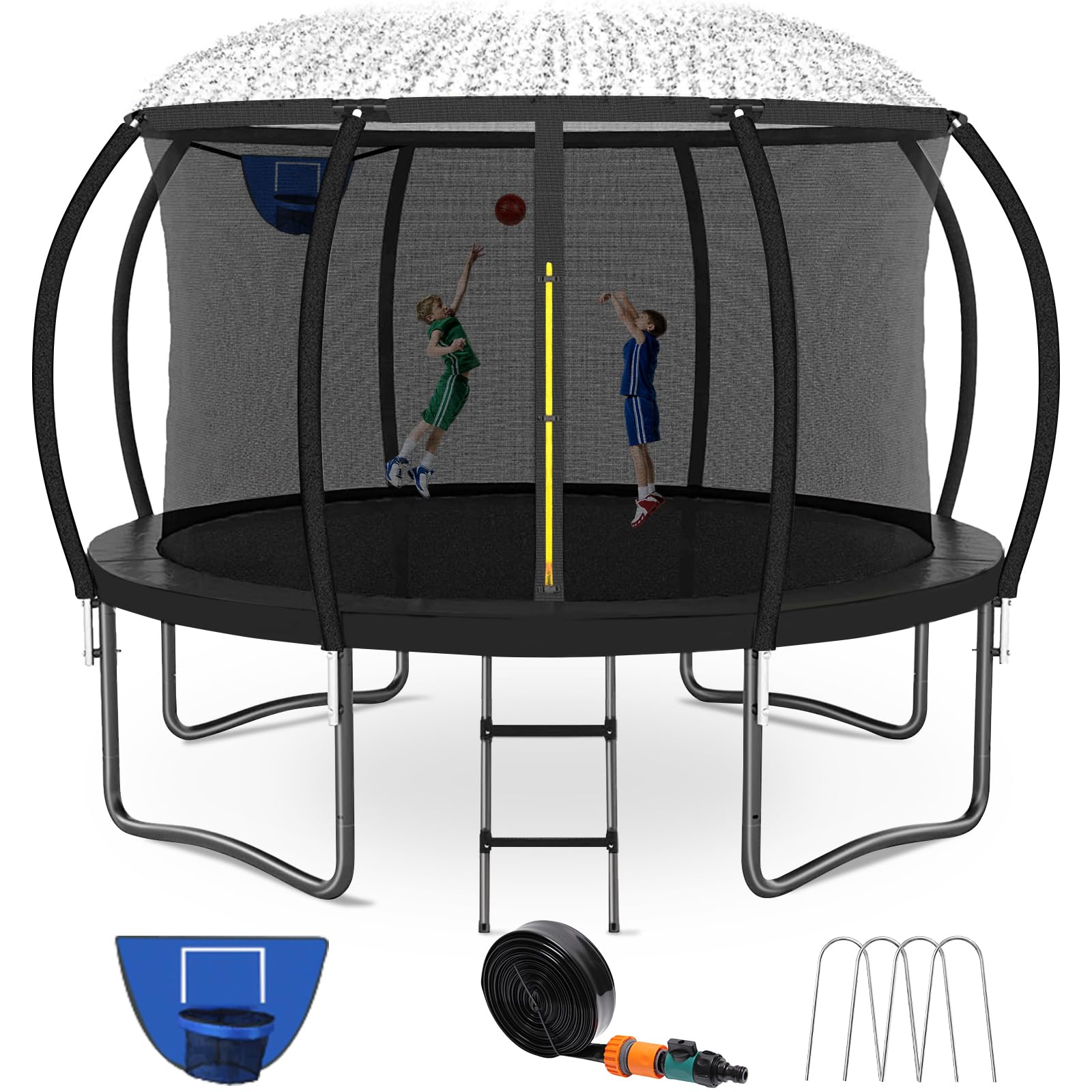 Photo 1 of ***FOR PARTS ONLY / DAMAGED (BROKEN PIECES)***Kiivakii Trampoline 14FT, Outdoor Big Trampolines for Kids and Adults, Recreational Trampolines with Basketball Hoop and Stakes, Big Round Trampoline with Sprinkler for Backyard, Black