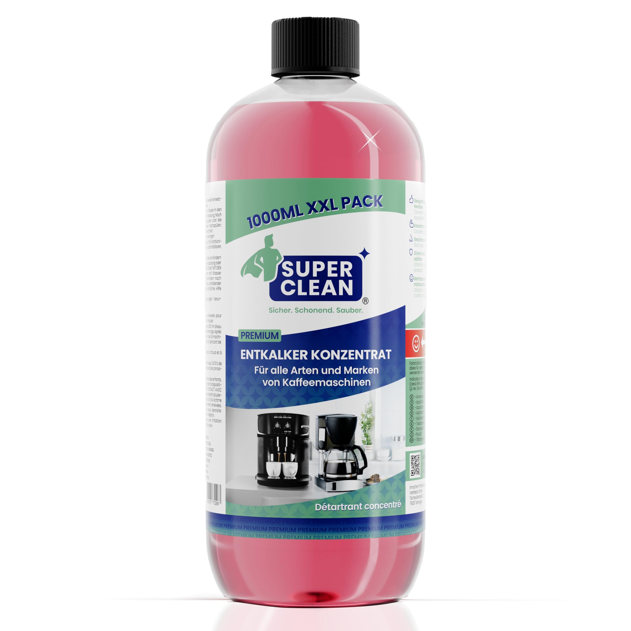 SUPER CLEAN 1 x 1L Entkalker Konzentrat Kaffeevollautomat - Flüssig - Für alle Maschinen & Marken - 10 x Entkalkung - Effektiver Flüssigentkalker von Kaffeemaschinen, Wasserkocher & Duschen