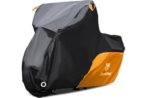 CoukouCover 210D Black Orange Motorcycle Cover, All Weather Outdoor Waterproof Night Protection with Reflective Strip, Lock Holes and Storage Bag for Suzuki, Kawasaki, Honda, Harley-Davidson (XL 96")