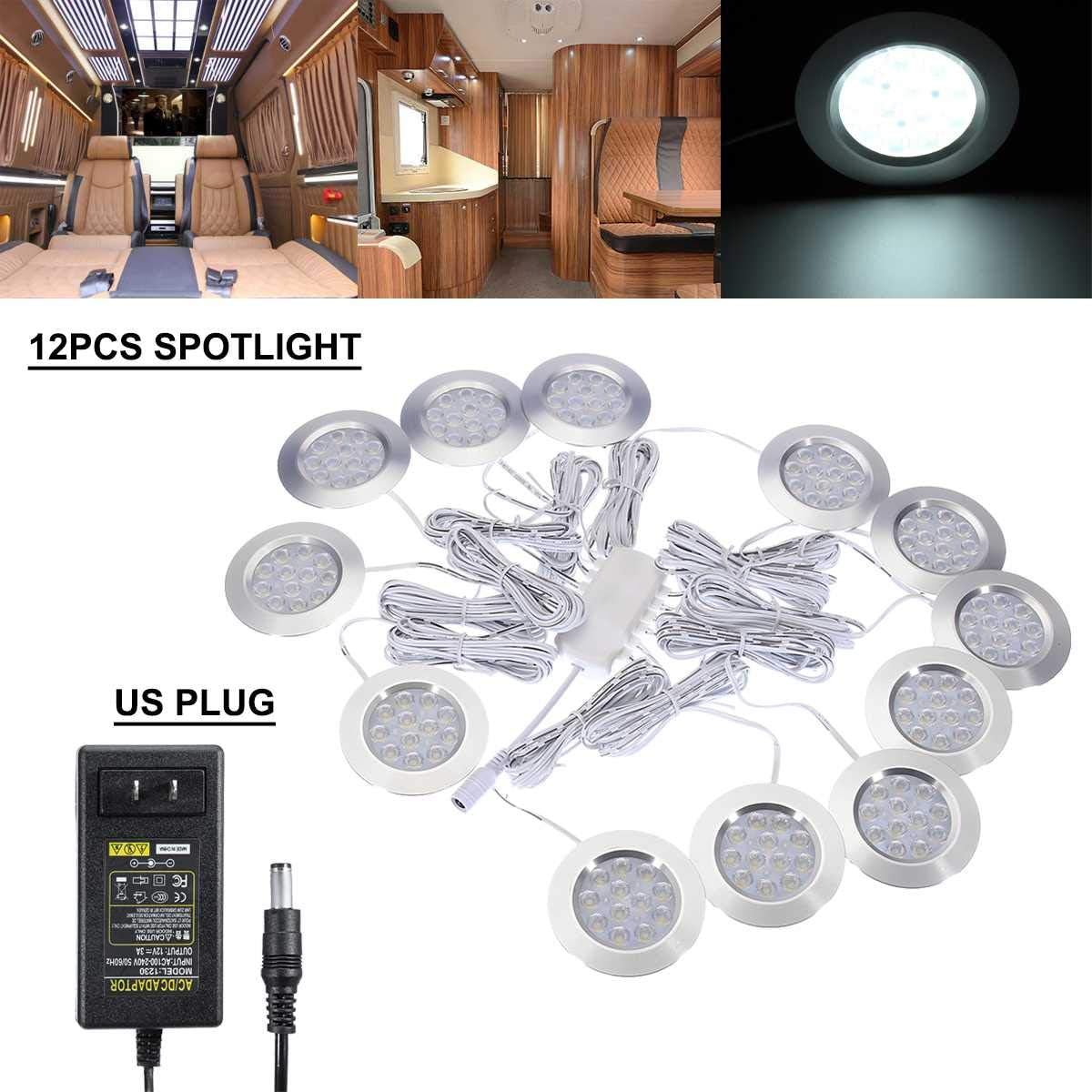 12pcs 12V 3W Universal Interior LED Spot Light with Charger Power Supply for VW T4/T5 Van Lorry Caravan Trailer