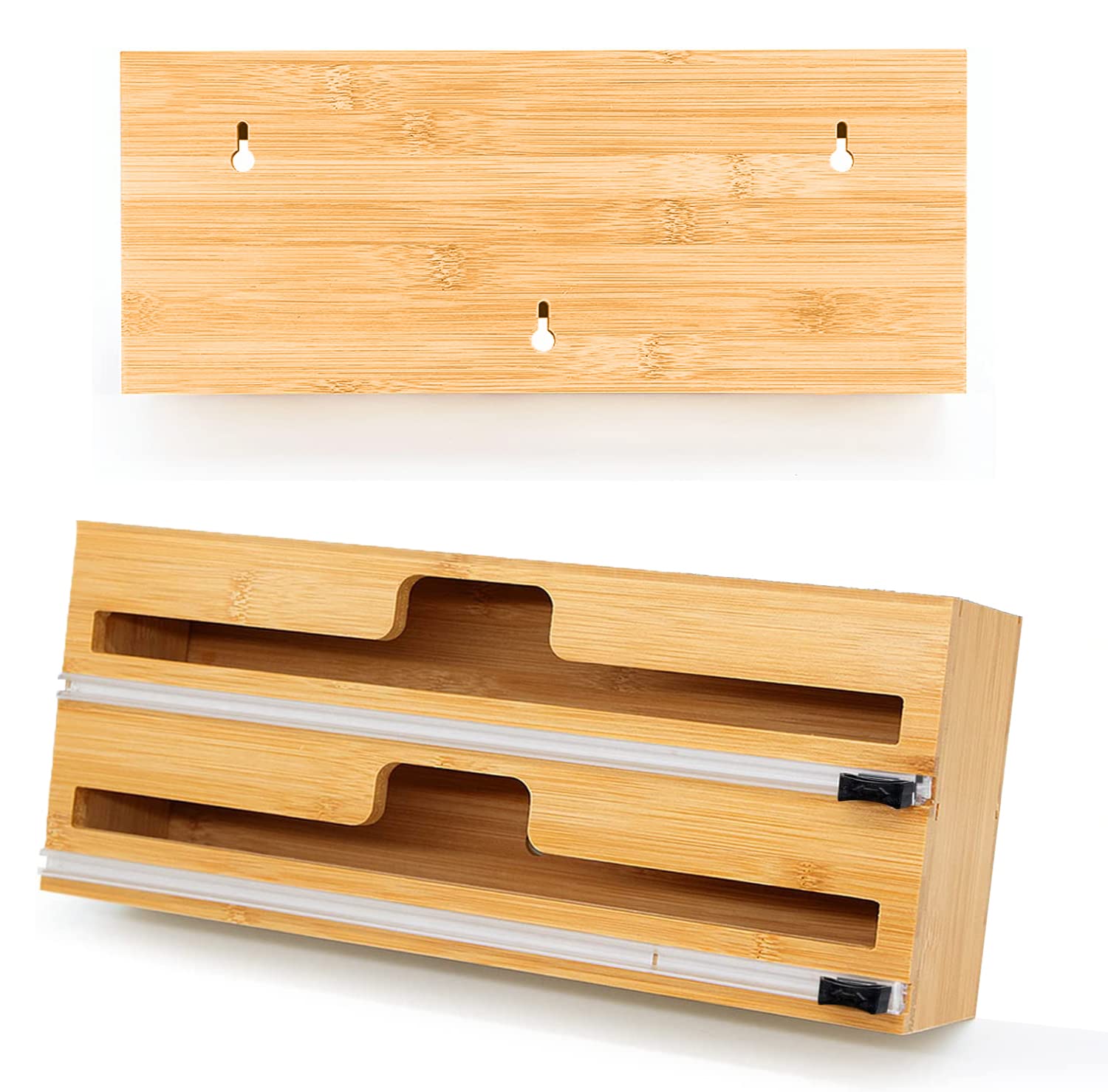 Cling Film Dispenser and Cutter Compatible with 15 Inch Rolls, Parchment Paper Tin Foil Dispenser, Kitchen Wrap Organiser Made of Bamboo Material, Sturdy and Durable