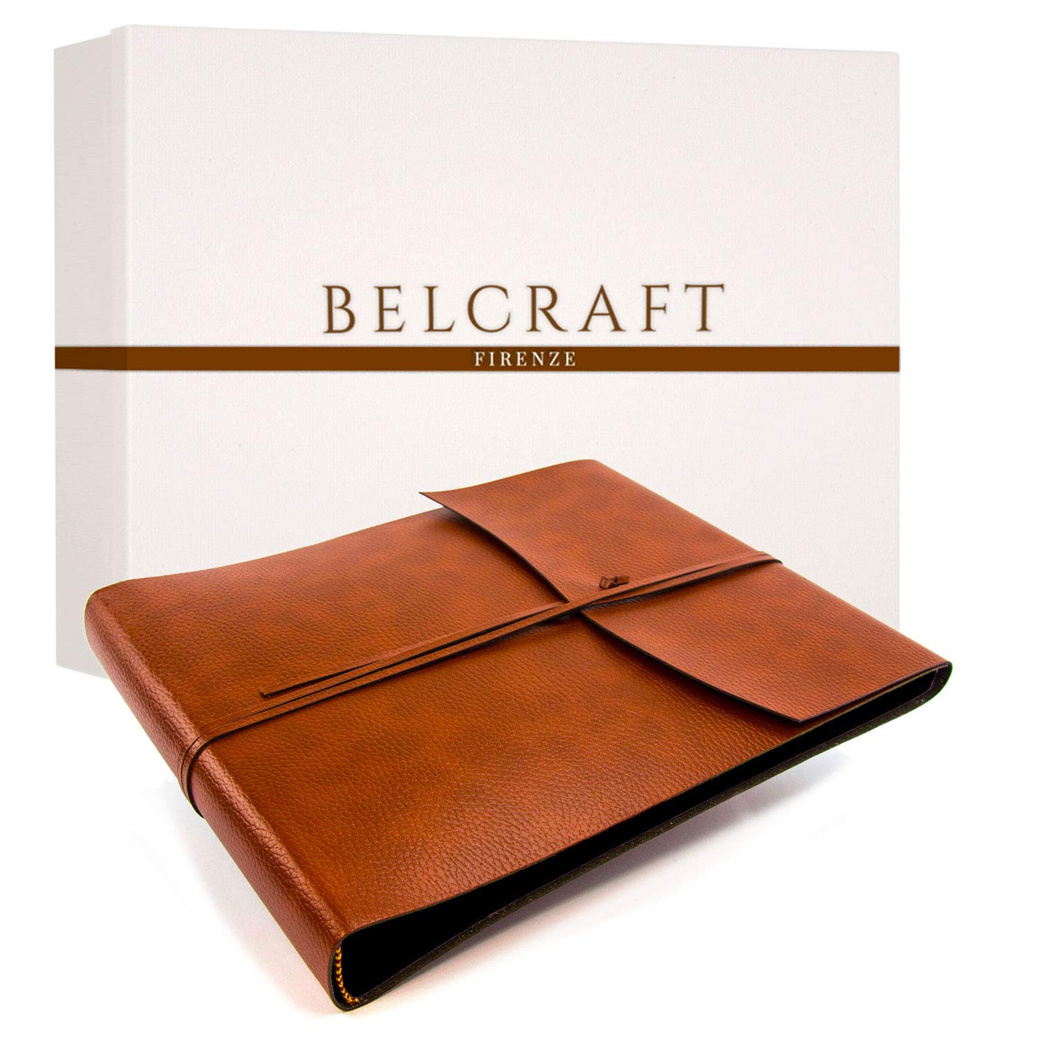 BELCRAFT Tivoli Large Recycled Leather Bound Photo Album with Black Pages, Landscape, MADE IN ITALY, Memory Photo Album, Scrapbook, Picture Album 6x4, Including BOX, A4 (25x32 cm) Tan