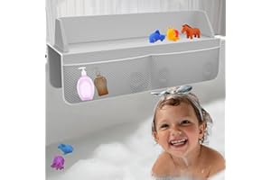 SUPERJACKWANG Bathtub Splash Guard for Tub Kids, 22" Bathtub Splash Guard Play Shelf Area Toy Holder Storage 8 Strong Grip Suction Cup & 4 Storage Net Bag Organizer Bath Tub Splash Guard for Toddlers Baby Baby