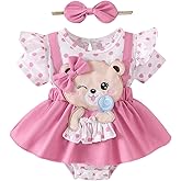 Kavousa Baby Girl Summer Outfits Bear Short Sleeve One-Piece Jumpsuit With Headband Set Newborn Infant Girl Clothes
