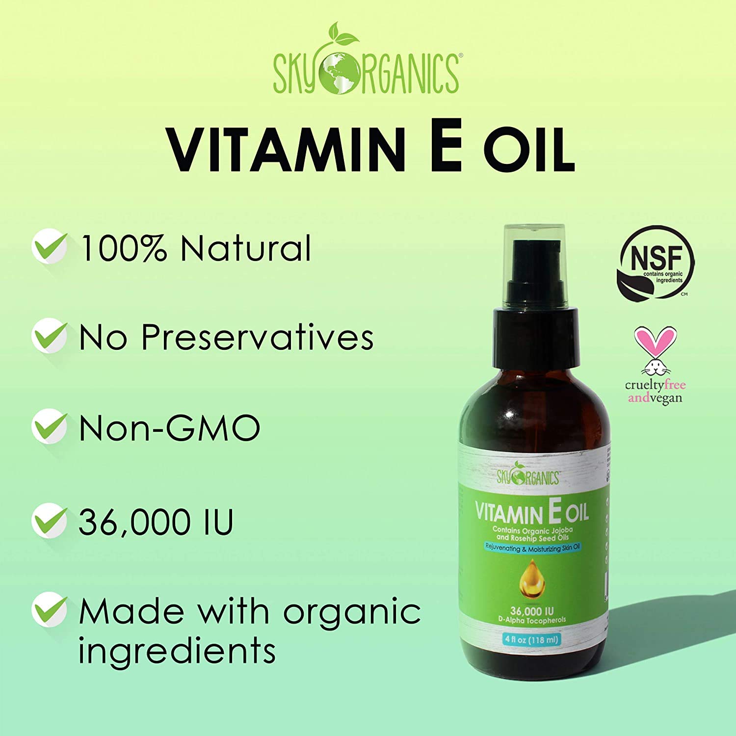 Vitamin E Oil 36,000 IU by Sky Organics (4oz) Certified Organic Vitamin E Oil, Moisturizing Treatment Oil with Jojoba & Rosehip for Scars & Stretch Marks, Cruelty-Free Face & Skin Serum: Beauty