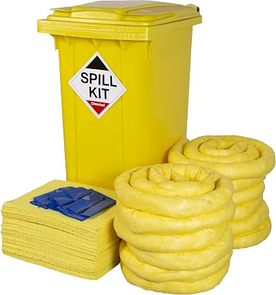 240L Chemical Spill Kit Wheeled Bin Absorbent Socks Pads Acids Alkalis Solvents