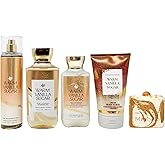 Bath & Body Works Warm Vanilla Sugar - Deluxe Gift Set - Fine Fragrance Mist, Body Wash, Body Lotion and Body Scrub with a Peach Gardenia Soap - Full Size