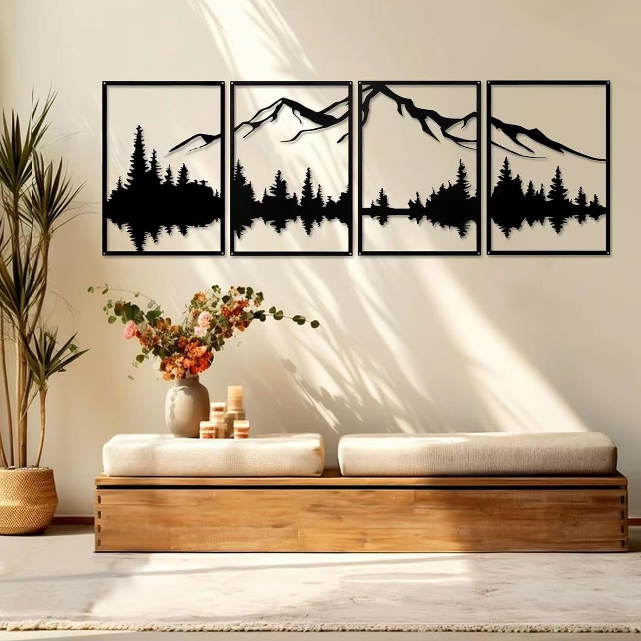 Buithafu 4pcs Metal Mountain Wall Art,Metal Wall Decor Large Mountains Wall Decor, Mountain Forest Decorative Painting Suitable For Living Room Bedroom Office Indoor And Outdoor