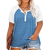 VISLILY Women's Plus Size Tops Raglan Henley Shirts Buttons Up Tunics Color Block Tee