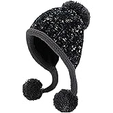 Women Winter Peruvian Cover Ears Beanie Hat Ear Flaps Sherpa Ski Snow Hats Knit Fleece Lined 3 Pom Pom