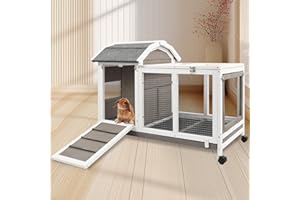 Ketive Rabbit Hutch Indoor Bunny Cage with Run Wooden Outdoor Bunny Hutch Weatherproof Asphalt Roof Rabbit Cage with DEEP Pull Out Tray, 4 Lockable Caster Wheels, Guinea Pig Cage Pet House, Grey