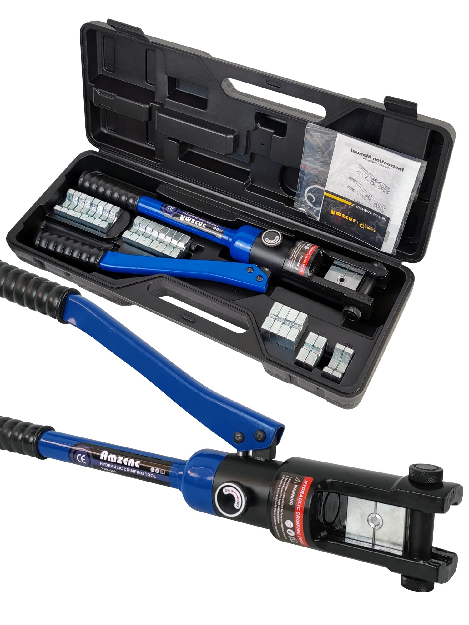 AMZCNC Hydraulic Crimping Tool 16T with 13 Dies of 8-300mm² in Thick Chrome, Insulated Handle, Steel Body, Ideal for Terminating Copper/Aluminum Lugs Terminals