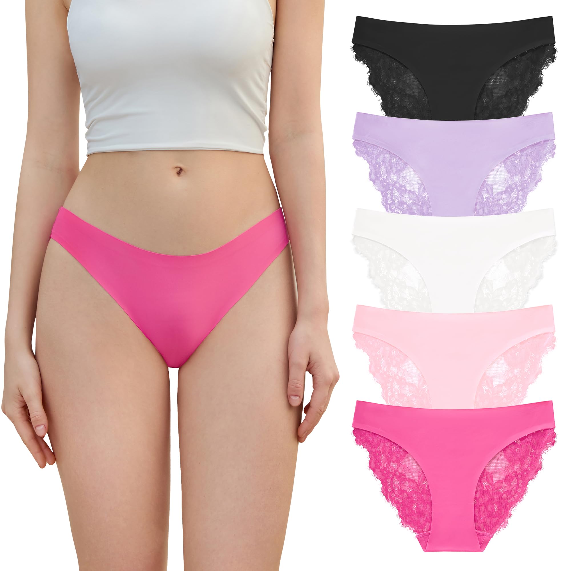 DEANGELMON Sexy Lace Underwear For Women Seamless No Show Hipster Panties Cheeky Bikini Panty Pack(5P1,XL)