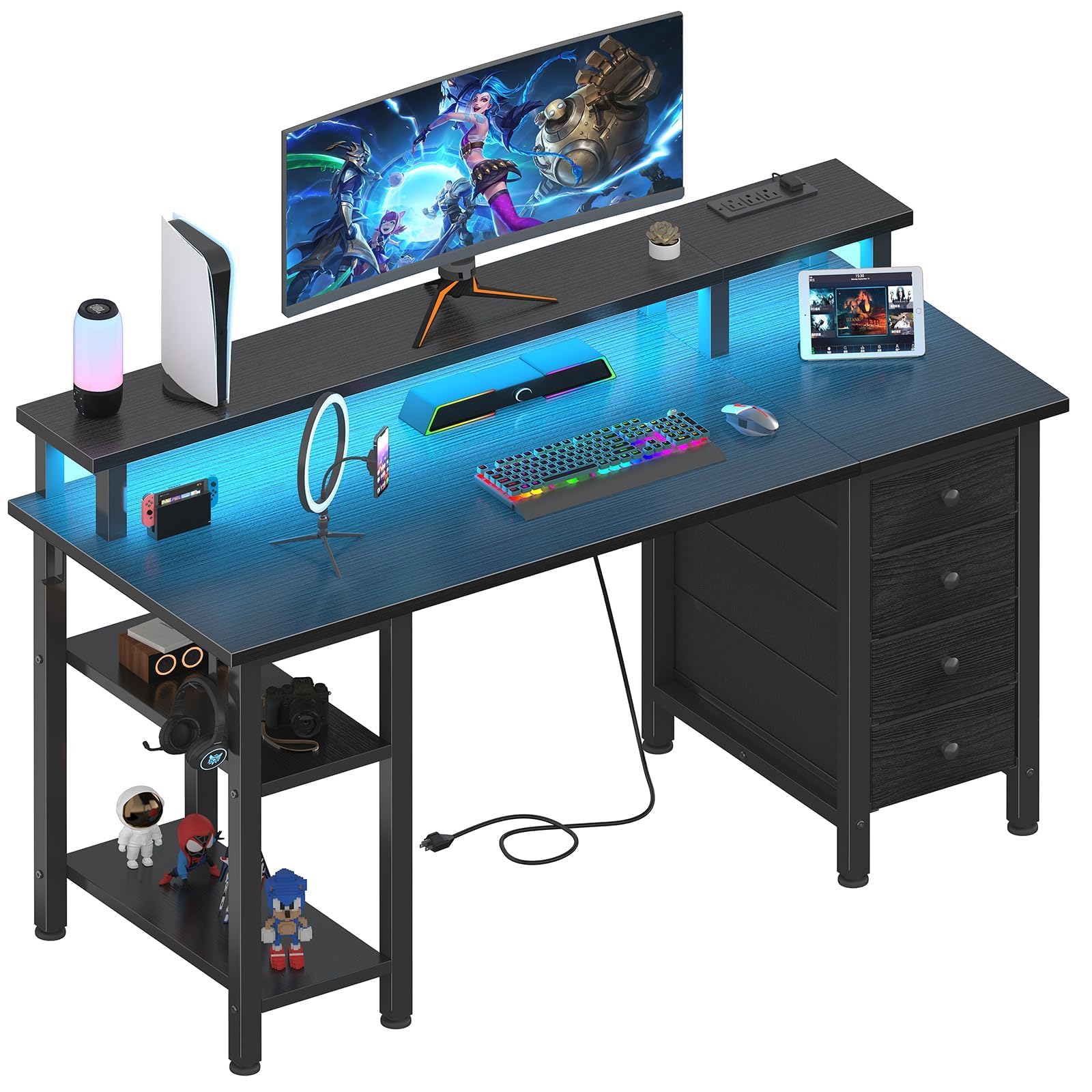 Photo 1 of Lufeiya Black Gaming Desk with LED Lights and Power Outlets, 47 inch Computer Desk with Fabric Drawers and Storage Shelves, Home Office Desk with Monitor Stand, Black