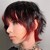 Beweig Short Black Wig with Bangs Black Mix Red Wigs for Women Natural Fluffy Synthetic Hair Womens Wigs