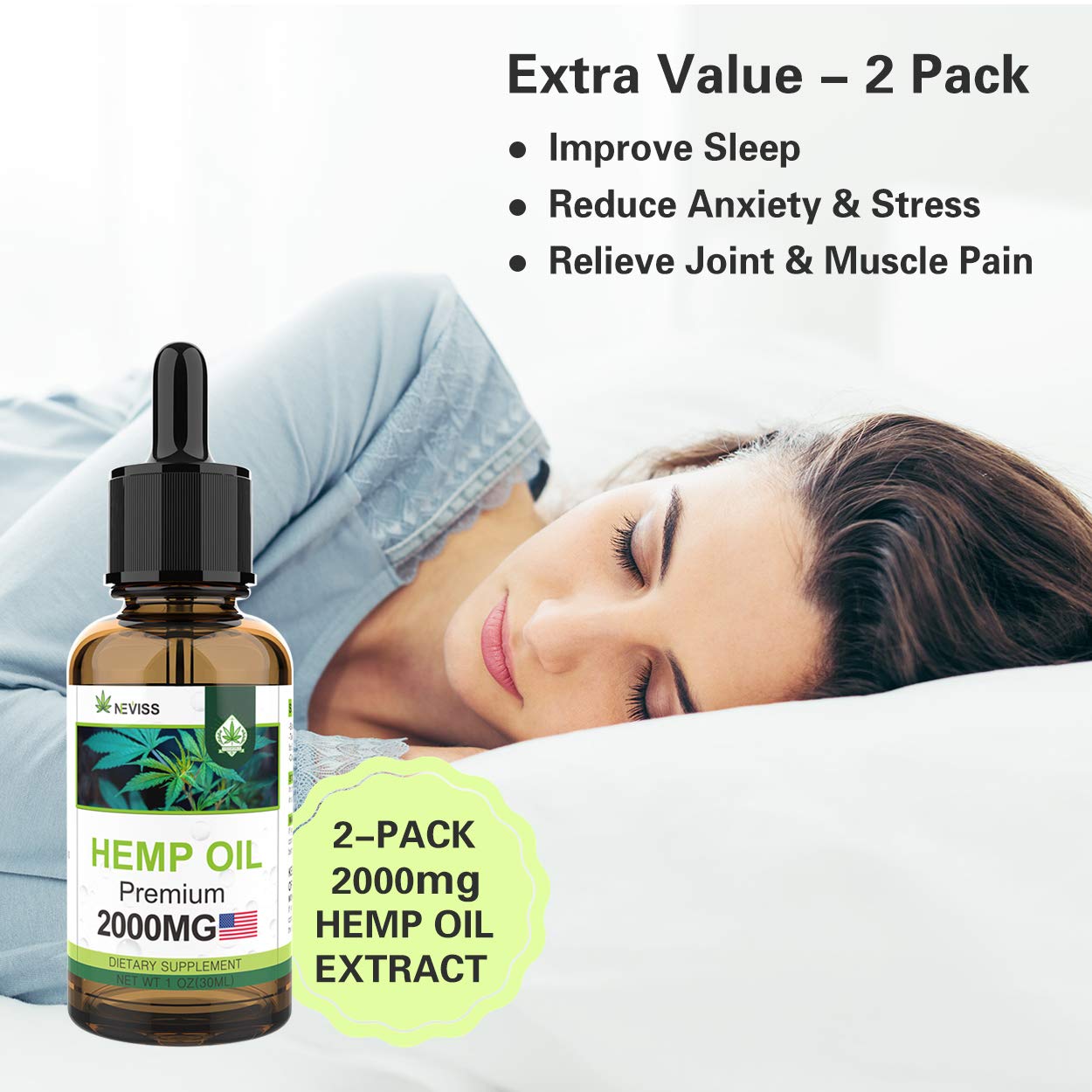 (2 Pack) Hemp Oil 2000mg for Relieve Pain, Stress & Anxiety Relief, Improve Sleep - Organic Hemp Herbal Oil, 100% Natural Hemp Herbal Extract - Made in USA