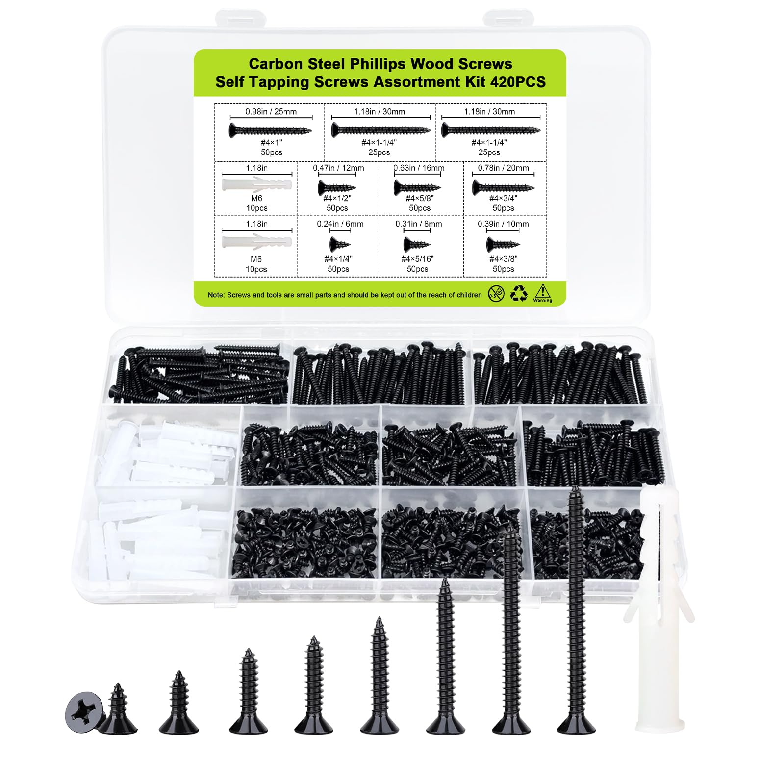 Photo 1 of #4 Flat Head Small Wood Screws Assortment kit 420Pcs, Black Phillips Short Screw, Carbon Steel, Cabinet Hinge Mounting, Electronics DIY Micro Screws Fasteners Set, Contains 20pcs M6 Screw Anchors