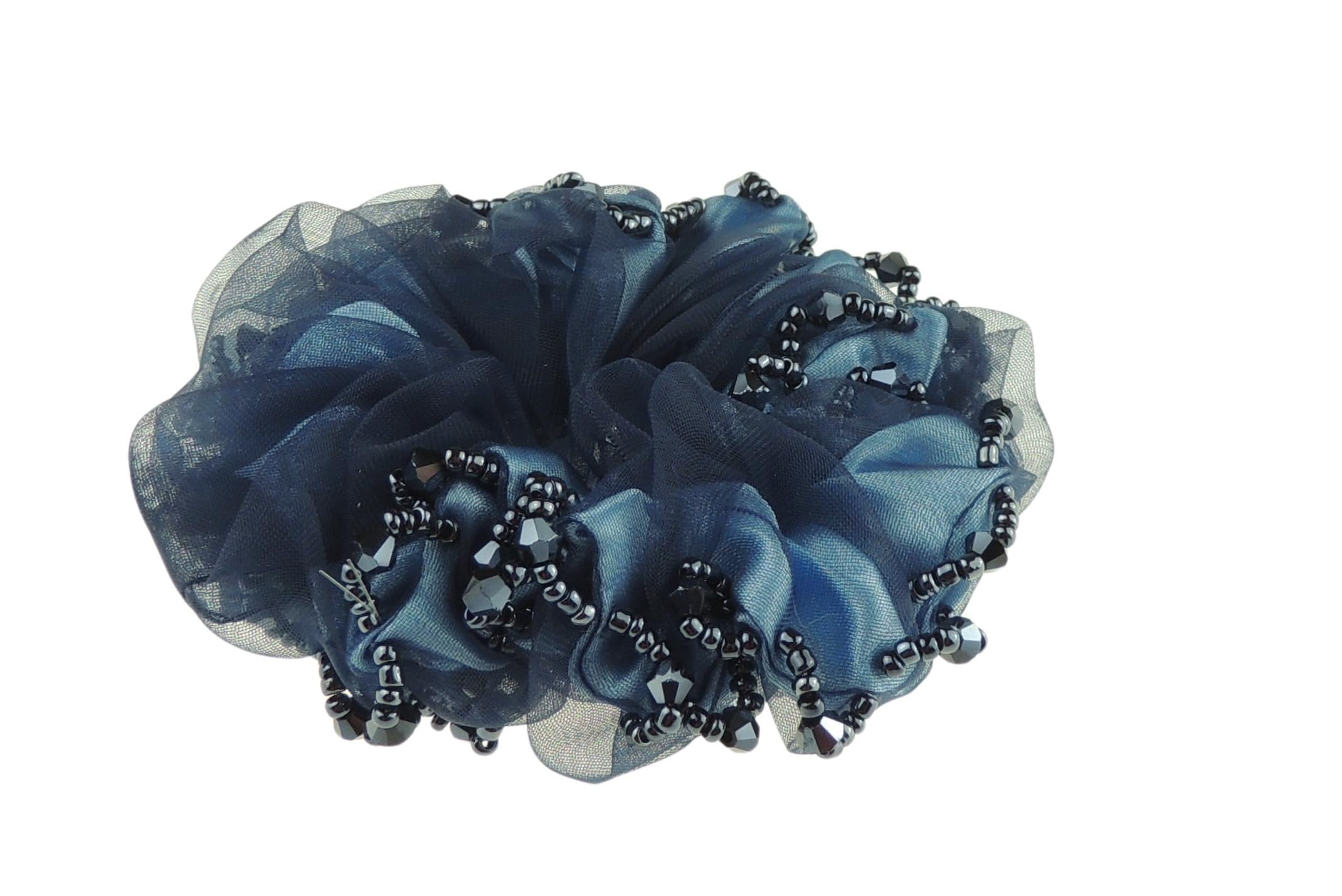 Womens Girls Chiffon Beaded Floral Fabric Scrunchie Christmas Birthday Bridal Wedding Party Ponio Hair Tie Up Back Elastic Accessories Bobbles Ponytail Holder Rubber Bands (No Flower Dark Blue)