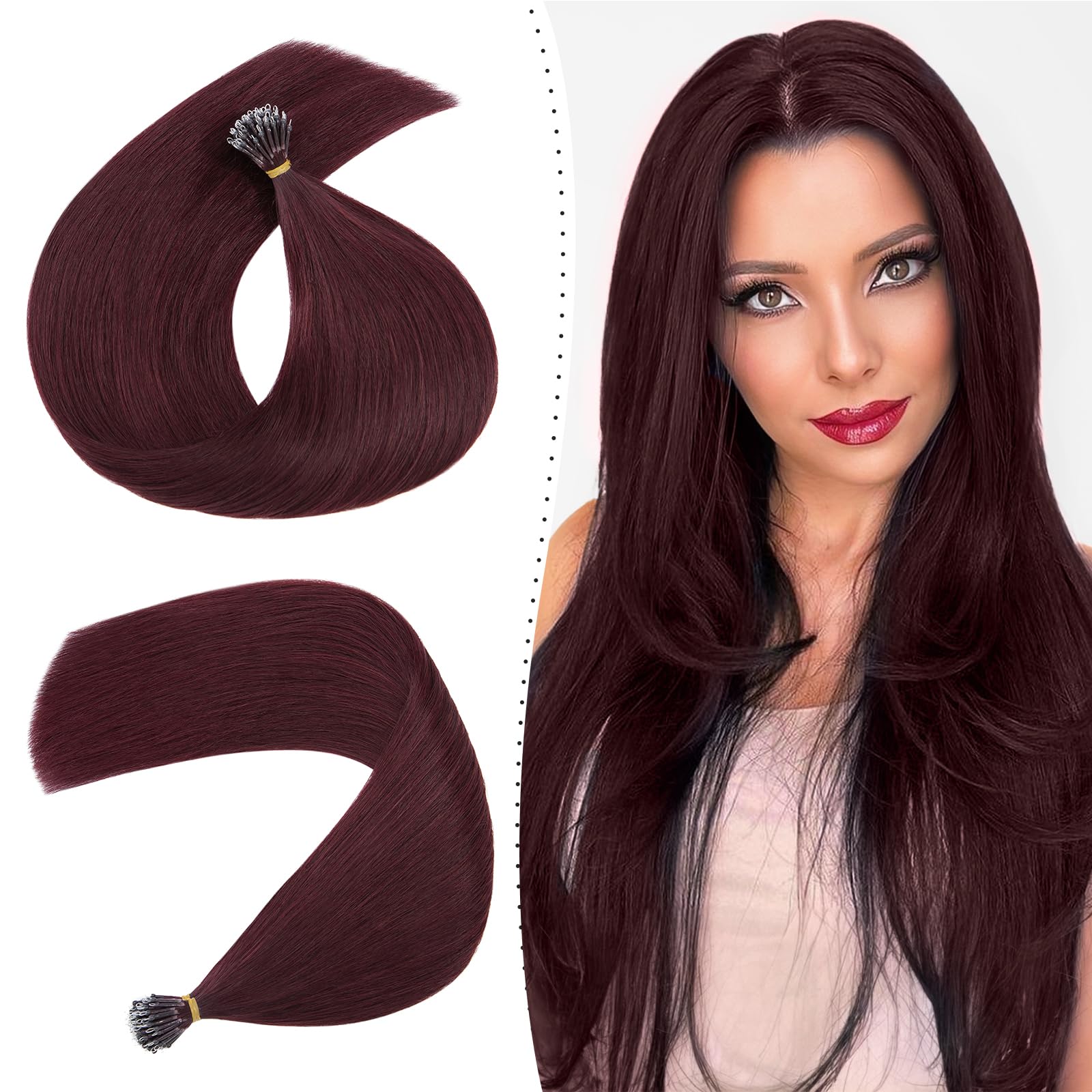 Pre Bonded Nano Ring Extensions 1g/s Nano Ring 50g Cold Fusion Keratin Bondings 22inches #99J Wine Red [100% Real Remy Human Hair] With Nano Beads Cold Fusion 50 Strands