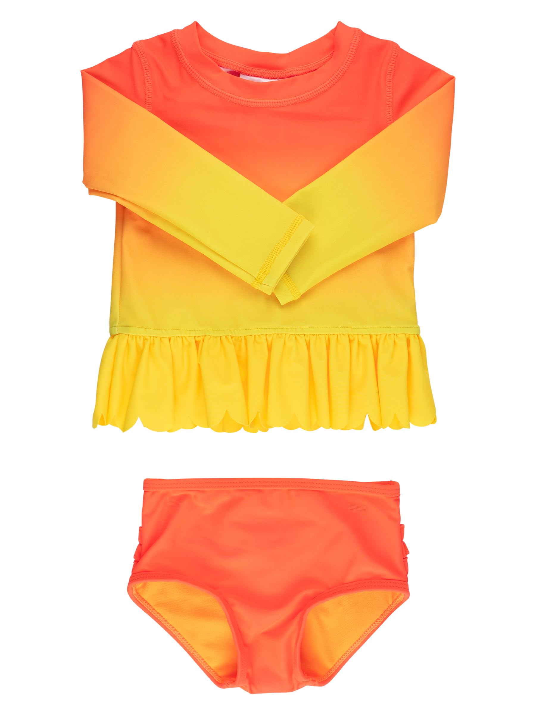 RuffleButts Baby/Toddler Girls Scalloped Long Sleeve Rash Guard 2-Piece UPF50+ Sun Protected Swimsuit - Neon Citrus Sunrise, 5 Image